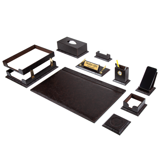 ELEGANCE Premium Luxury Leather Desk Set - 14 Accessories - Green