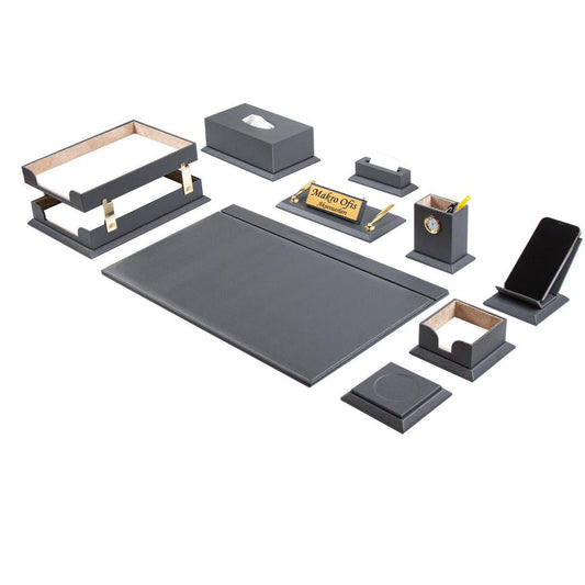 ELEGANCE Premium Luxury Leather Desk Set - 14 Accessories - Black