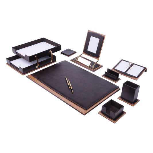Star Luxury Black Leather Desk Set 11 Pieces With Double Document Rack