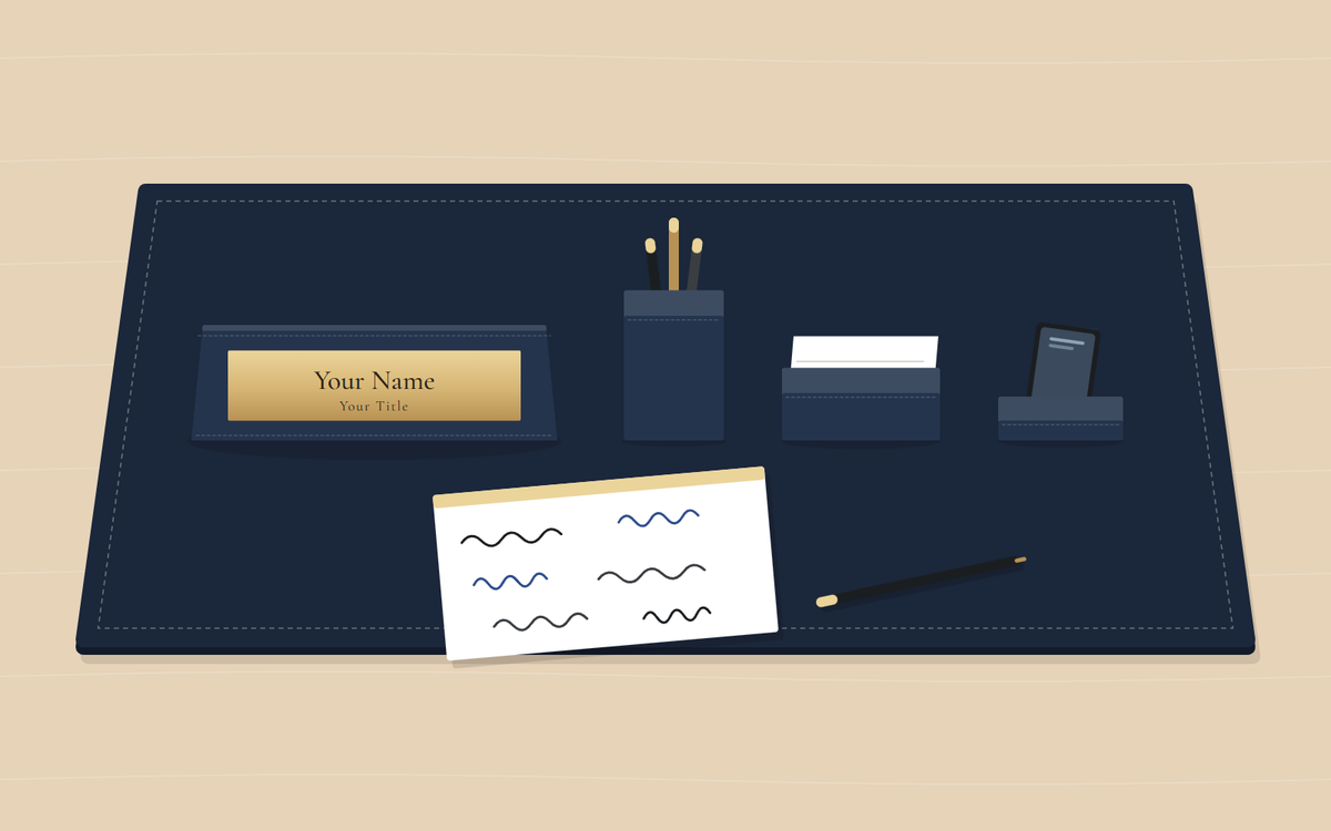 Illustration: a navy desk pad with a nameplate, a pen cup, a business card holder and a phone stand in a row, and in front a card covered in handwritten signatures beside a pen