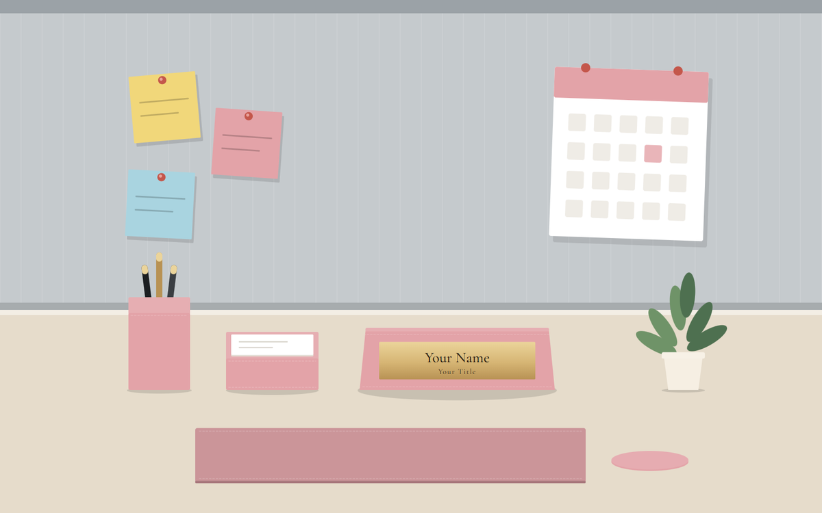 Illustration: a cubicle desk against a gray fabric partition with three pinned notes and a wall calendar, and on the desk a pink pen cup, memo holder, nameplate, desk pad and coaster beside a potted plant
