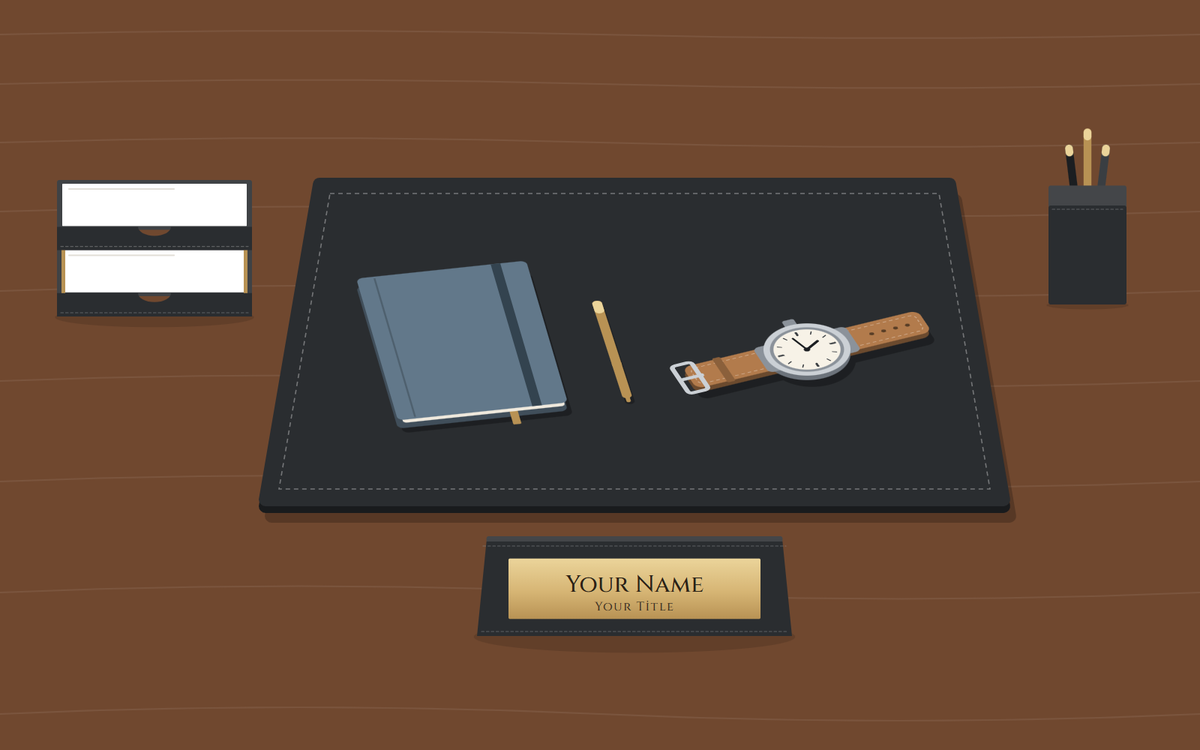 Illustration: a dark wood desk seen from slightly above with a black desk pad, two-tier document tray, pen cup and nameplate, and a wristwatch, a closed notebook and a pen on the pad