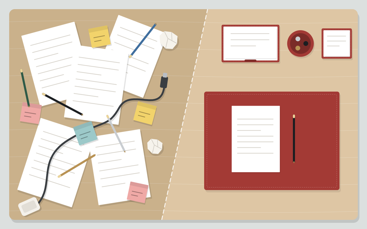 Illustration: a desk seen from above split by a diagonal line, the left half cluttered with loose papers, pens, a cable and sticky notes, the right half in order with a red desk pad, document tray, pen cup and memo holder