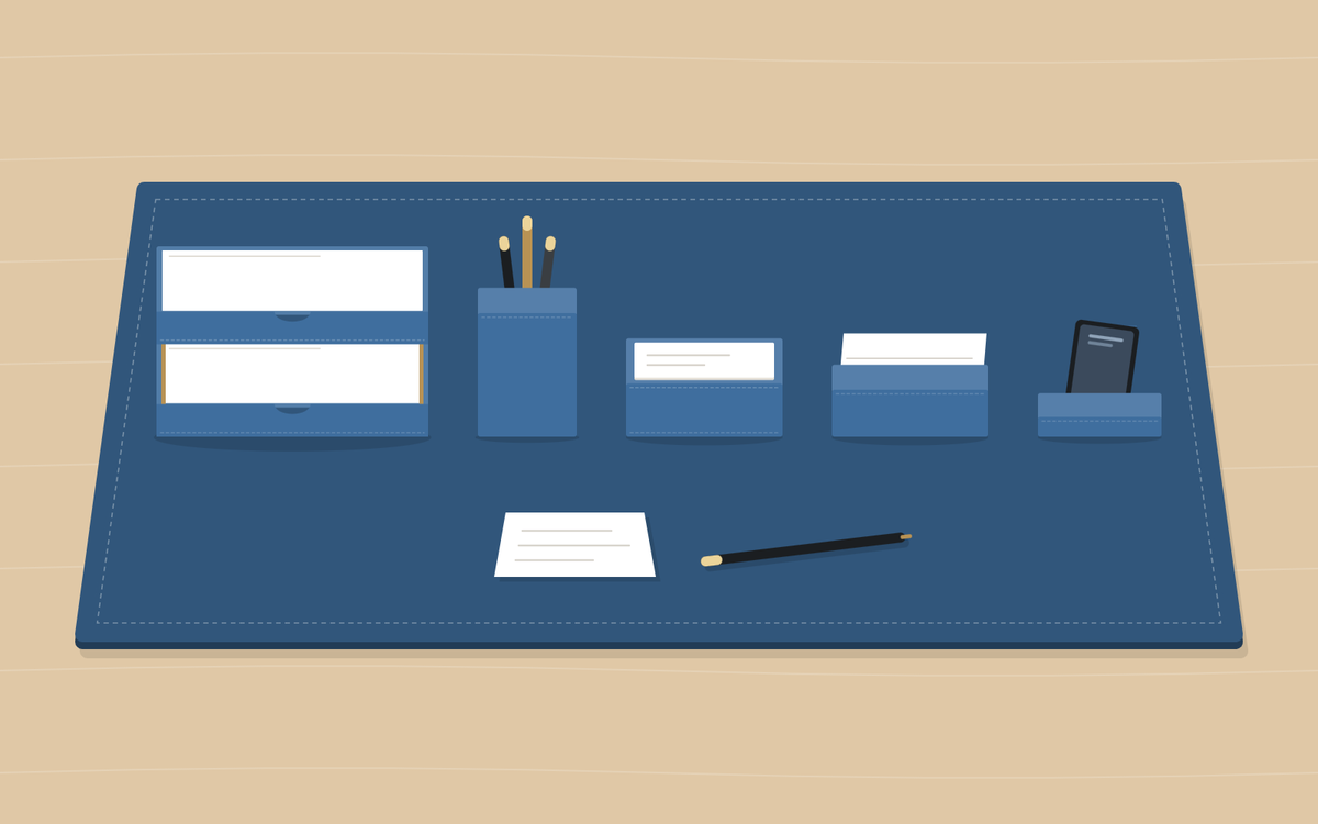 Illustration: a blue two-tier document tray, pen cup, memo holder, card holder and phone stand in a row on a matching desk pad, with a note and a pen in front