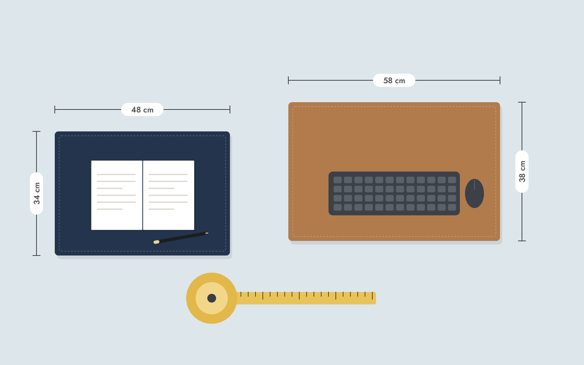 Illustration: two desk pads, 34 × 48 cm and 38 × 58 cm, with measurements and a tape measure