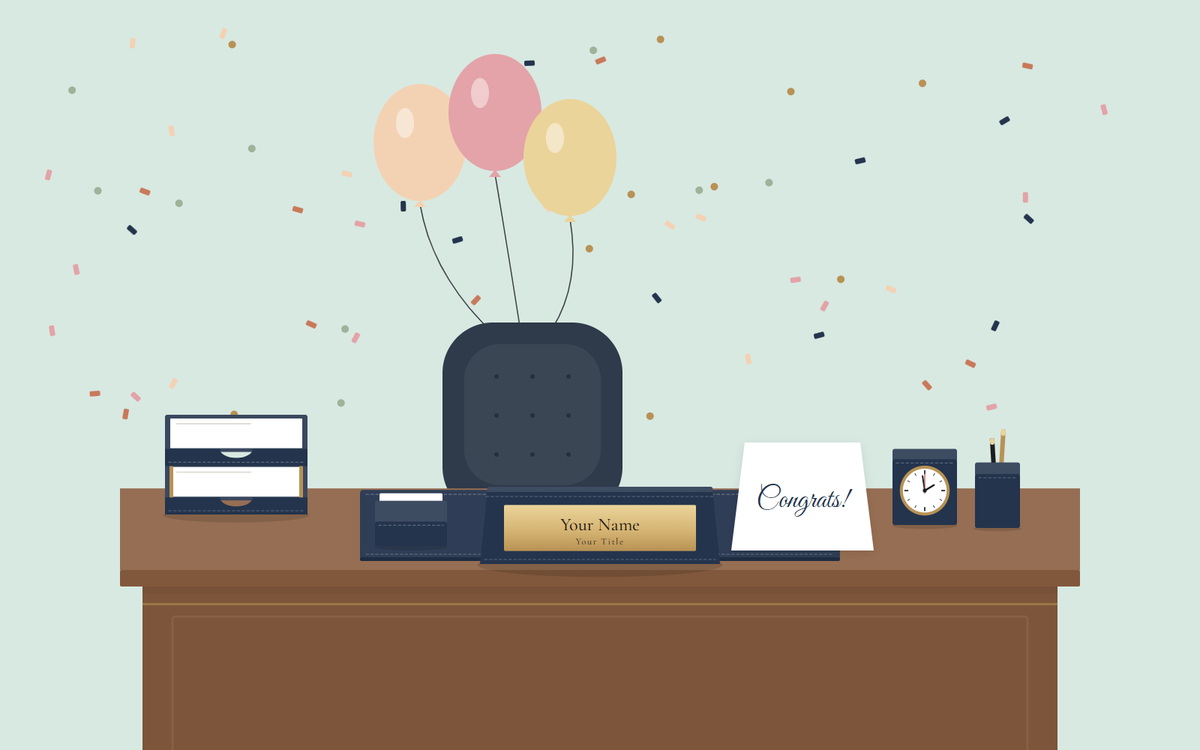 Illustration: a navy desk set with a congratulations card, balloons and confetti