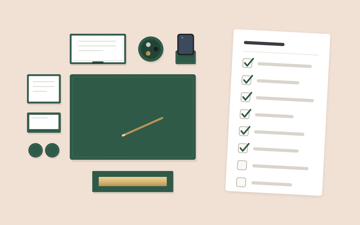 Illustration: the pieces of a green desk set seen from above beside a checklist card with tick marks