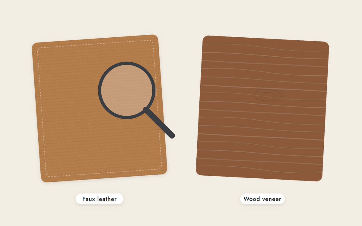 Illustration: a tan faux leather swatch under a magnifier beside a wood veneer swatch