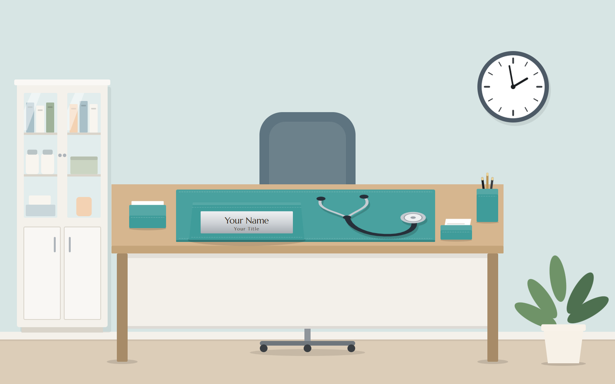 Illustration: a small consultation-room desk seen from the front with a turquoise desk pad, memo holder, card holder, pen cup and nameplate, a stethoscope lying on the desk pad, and a glass-door cabinet and a wall clock behind