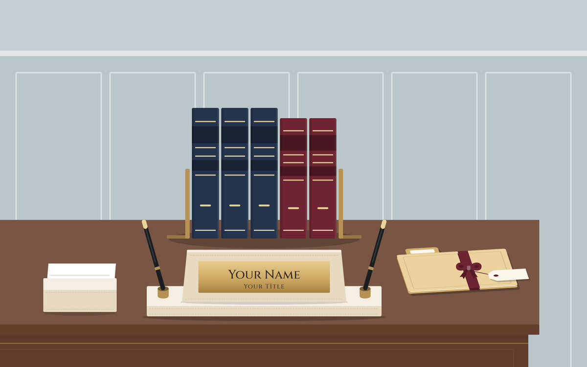 Illustration: close view of a desk corner with a cream nameplate base holding two pens, a business card holder, a closed folder tied with a ribbon and a blank tag, and five bound volumes between bookends behind