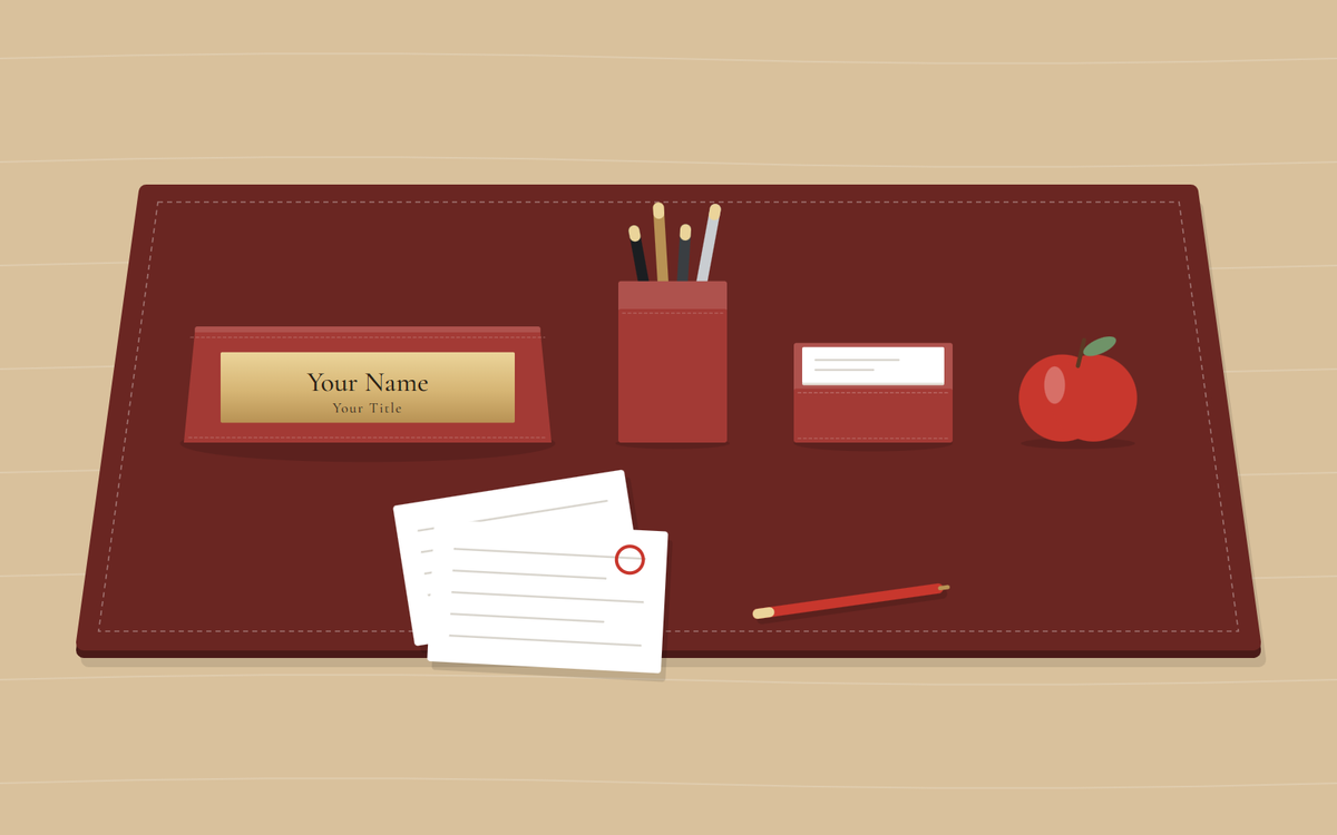 Illustration: a red desk pad with a nameplate, a pen cup full of pens, a memo holder and an apple, and in front two sheets of marked paper and a red pen