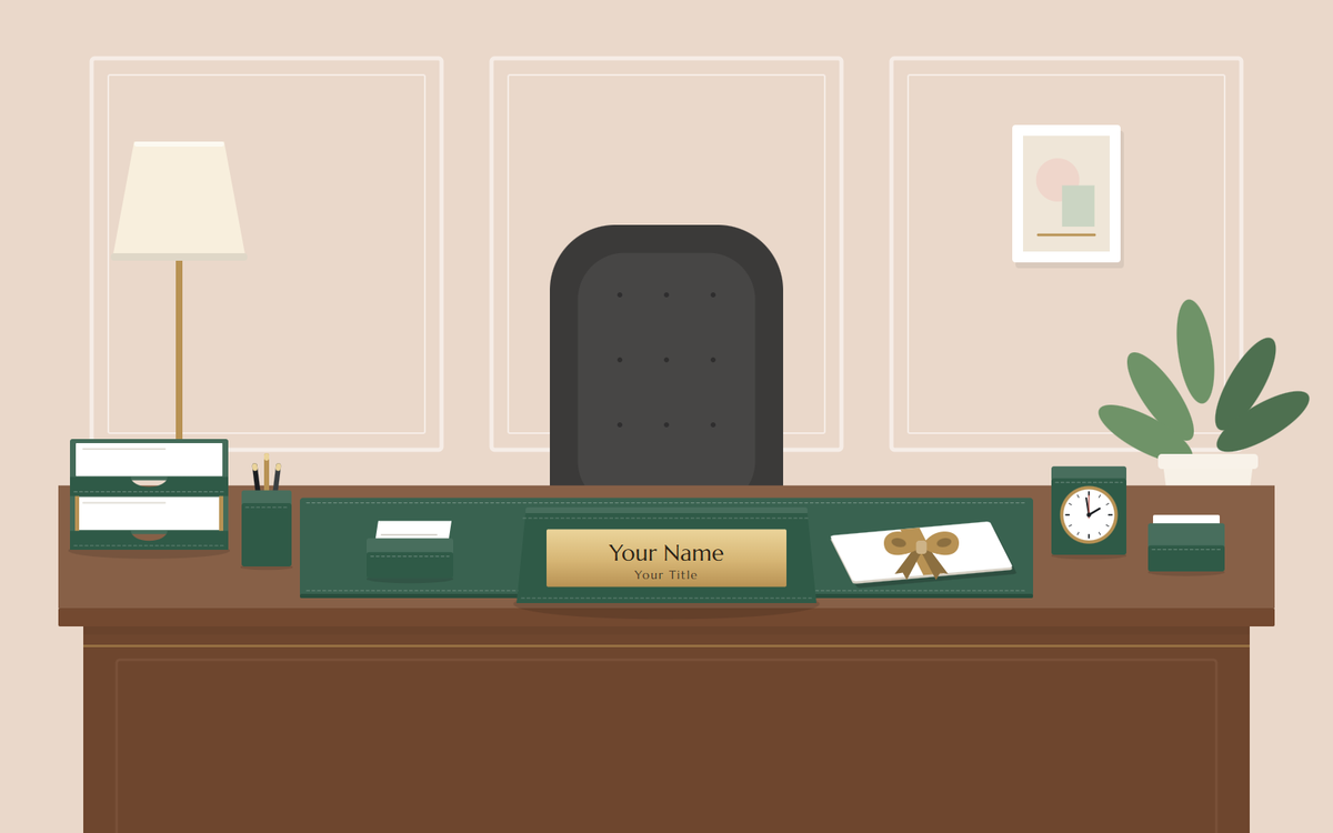 Illustration: an executive desk seen from the front with a green desk set, a nameplate and a plain ribbon-tied card lying on the desk pad