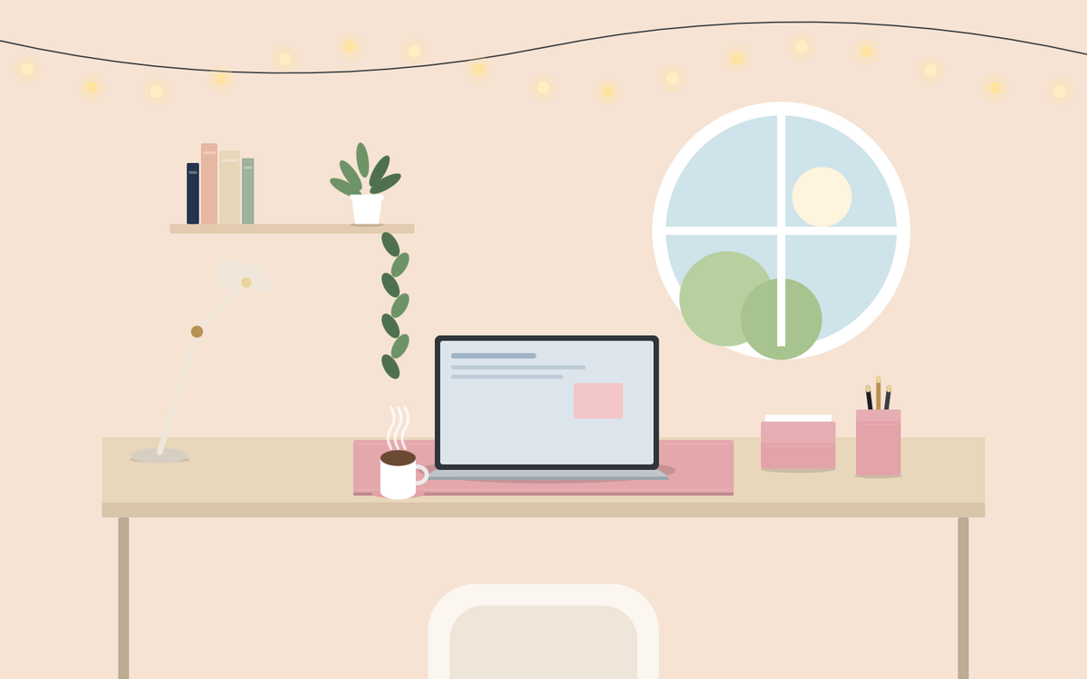Illustration: a small home office desk with a pink compact desk set, a laptop and a lamp