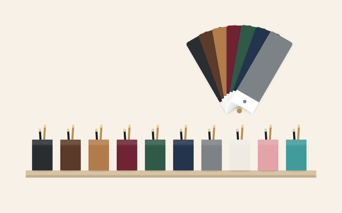 Illustration: pen cups in ten desk set colors on a shelf, with a fan of color swatches