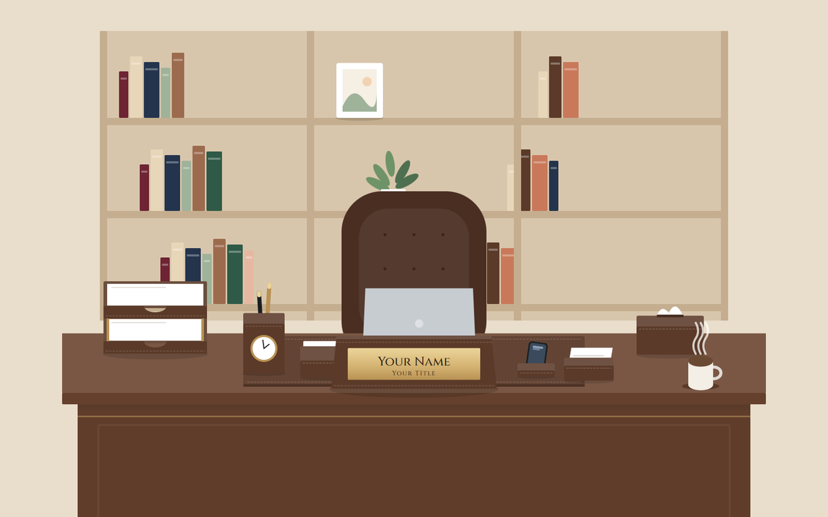 Illustration: an executive desk with a brown desk set and a nameplate in front of a bookcase
