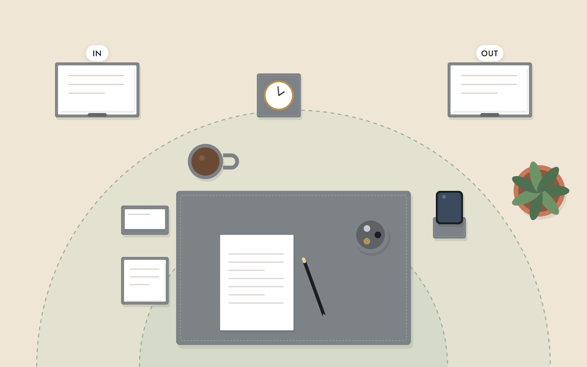 Illustration: a desk seen from above with reach zones, in and out trays and a gray desk set