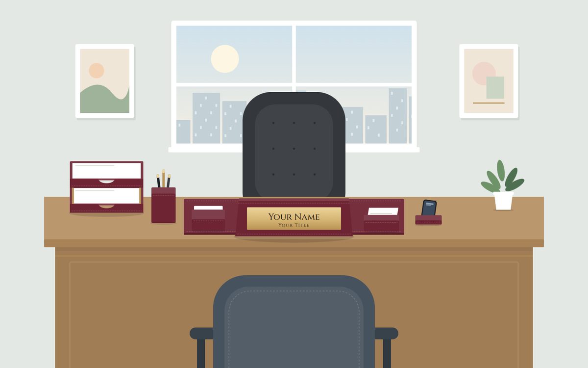 Illustration: an office desk seen from the visitor's chair, with a burgundy desk set and a nameplate facing the visitor