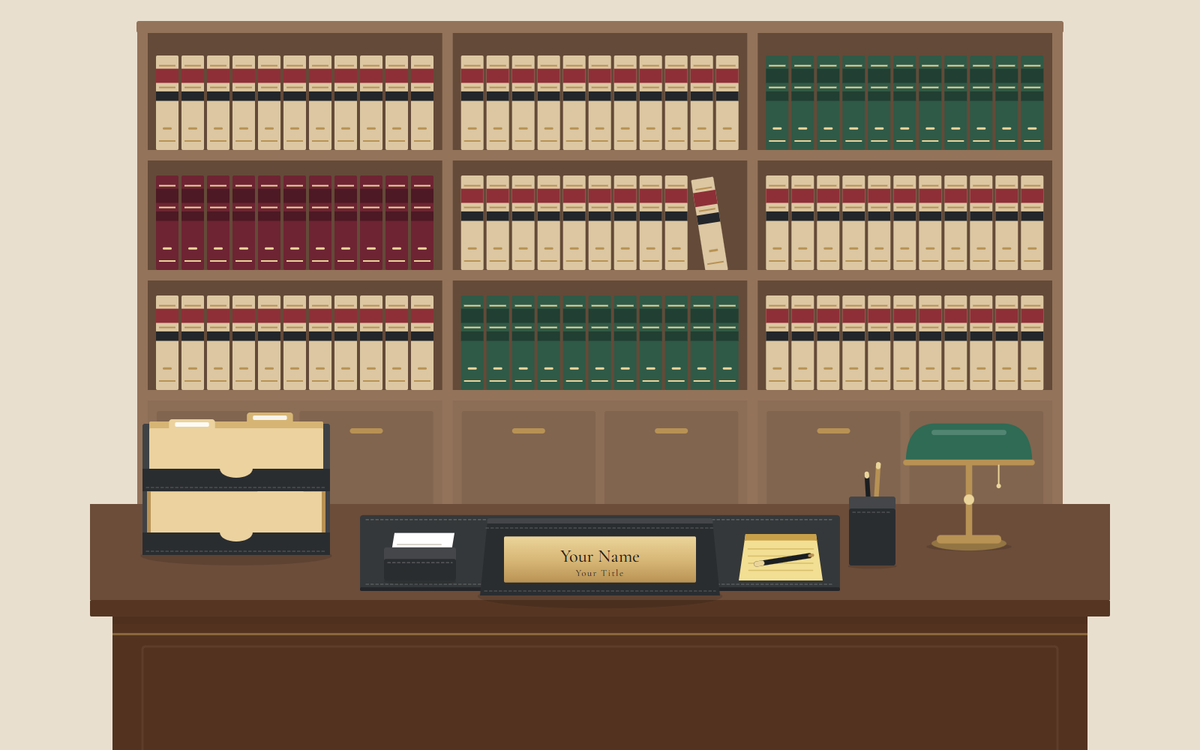 Illustration: a desk with a two-tier tray of folders, a nameplate and a black desk pad in front of a bookcase of bound volumes