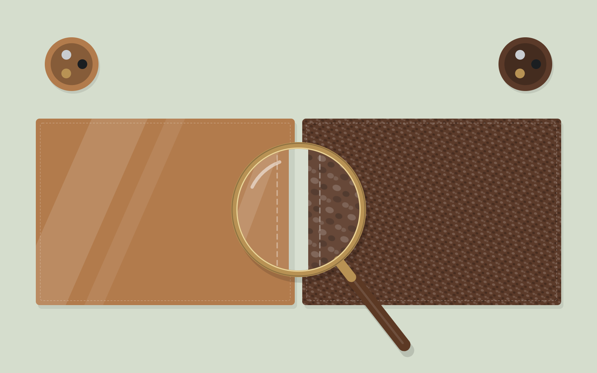 Illustration: two desk pads side by side seen from above, one tan with a smooth surface and one dark brown with a fine grain pattern, a magnifier over the gap between them and a pen cup at each top corner