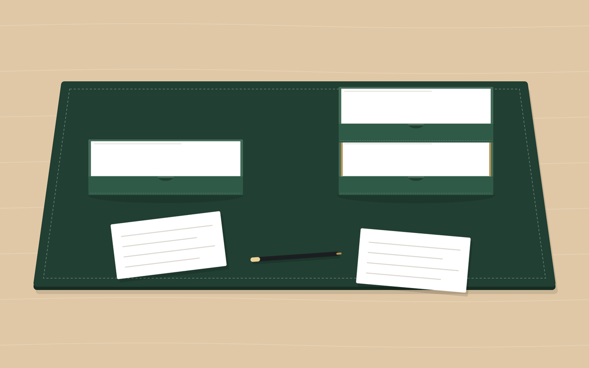 Illustration: a green desk pad with a single document tray on the left and a two-tier document tray on the right, each holding paper, with two loose sheets and a pen in front
