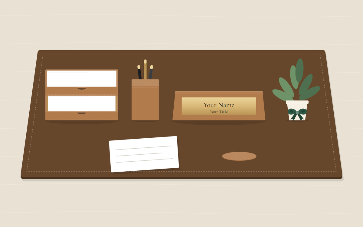 Illustration: a brown desk pad with a tan two-tier document tray, a pen cup and a nameplate, a potted plant with a green bow on its pot and a note card in front