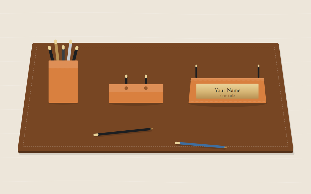 Illustration: three orange pen holders on a brown desk pad, a pen cup full of pens, a low stand holding two upright pens and a nameplate with a pen at each end, with two pens lying in front