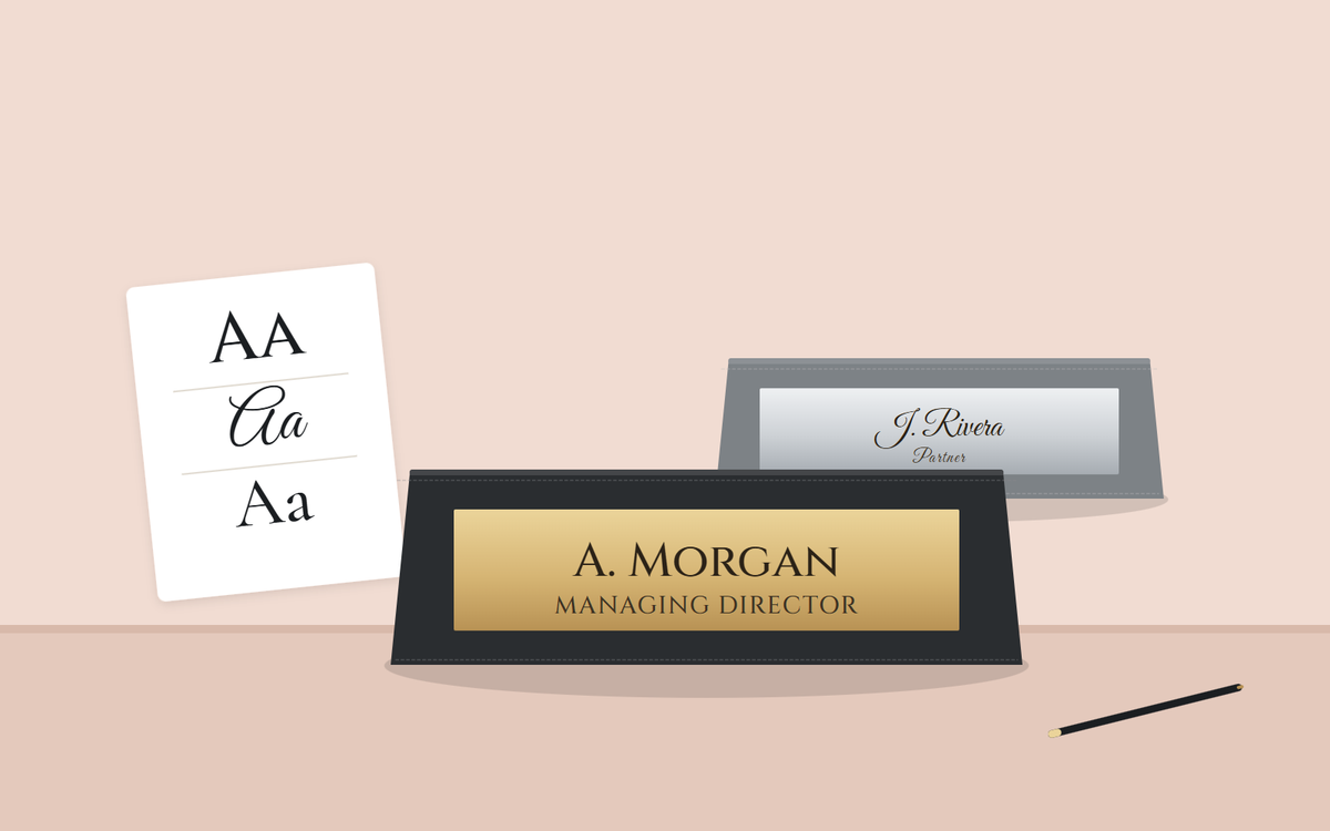 Illustration: a gold desk nameplate and a silver nameplate beside a card of font samples