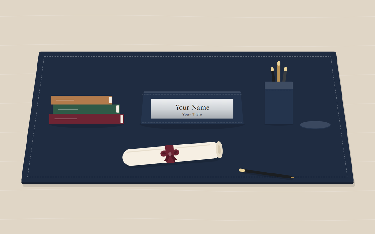 Illustration: a navy desk pad with a stack of three books, a nameplate with a silver plate and a pen cup, and in front a rolled document tied with a burgundy ribbon