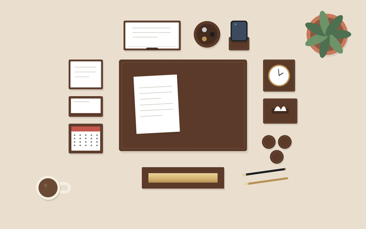 Illustration: the pieces of a brown desk set laid out around a desk pad, seen from above