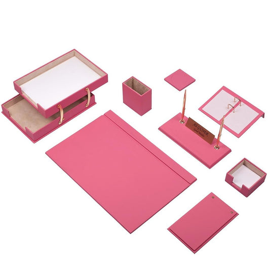 Luna Leather Desk Set 10 Accessories Pink With Double Document Rack