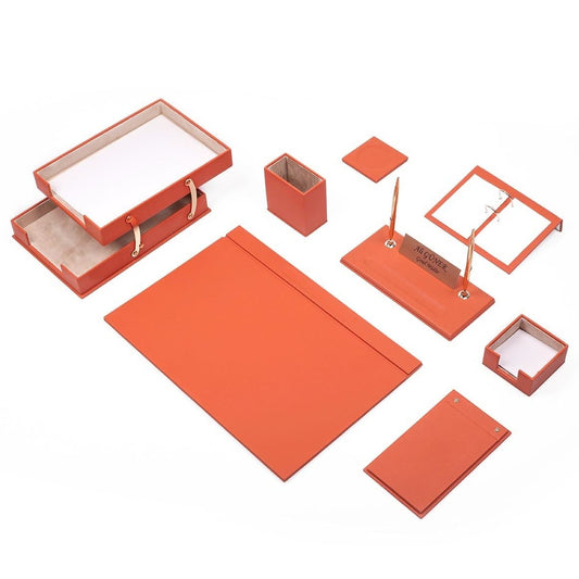 Luna Leather Desk Set 10 Accessories Orange With Double Document Rack