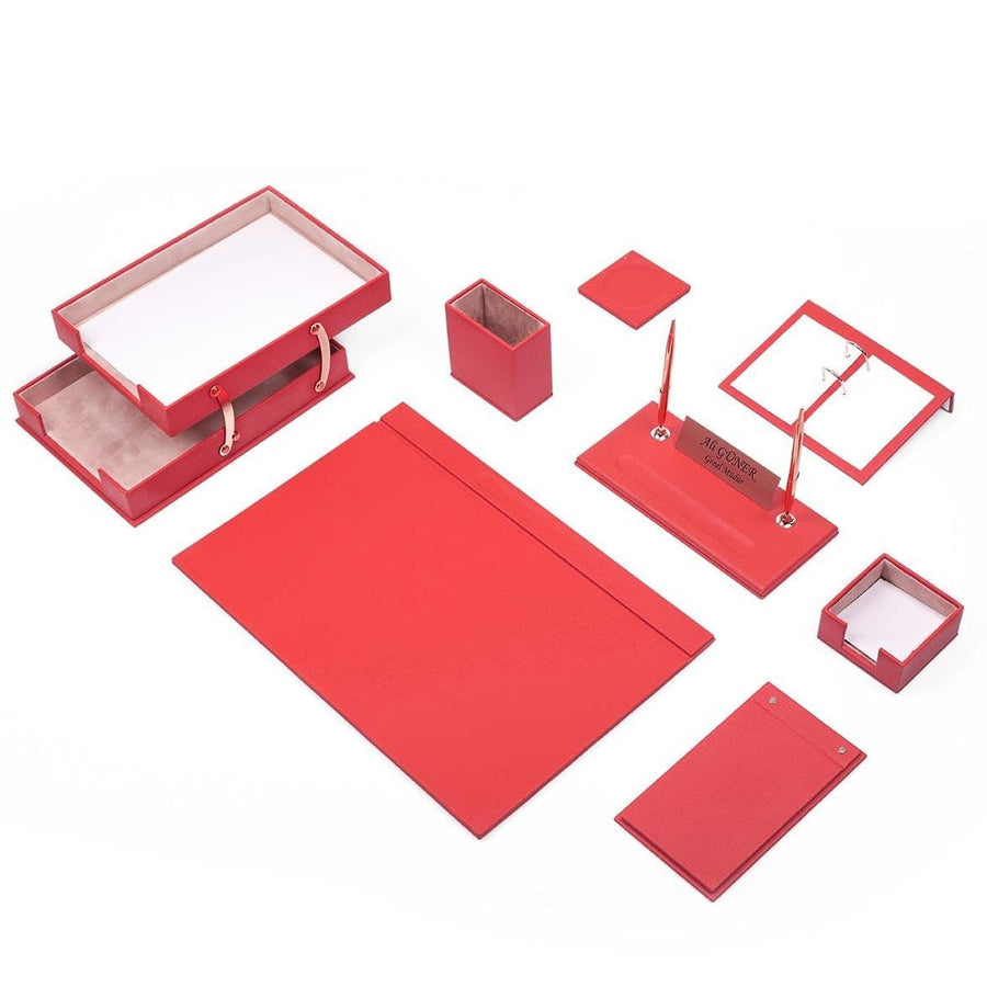 Luna 10-Piece Desk Set with Two-Tier Tray — Red