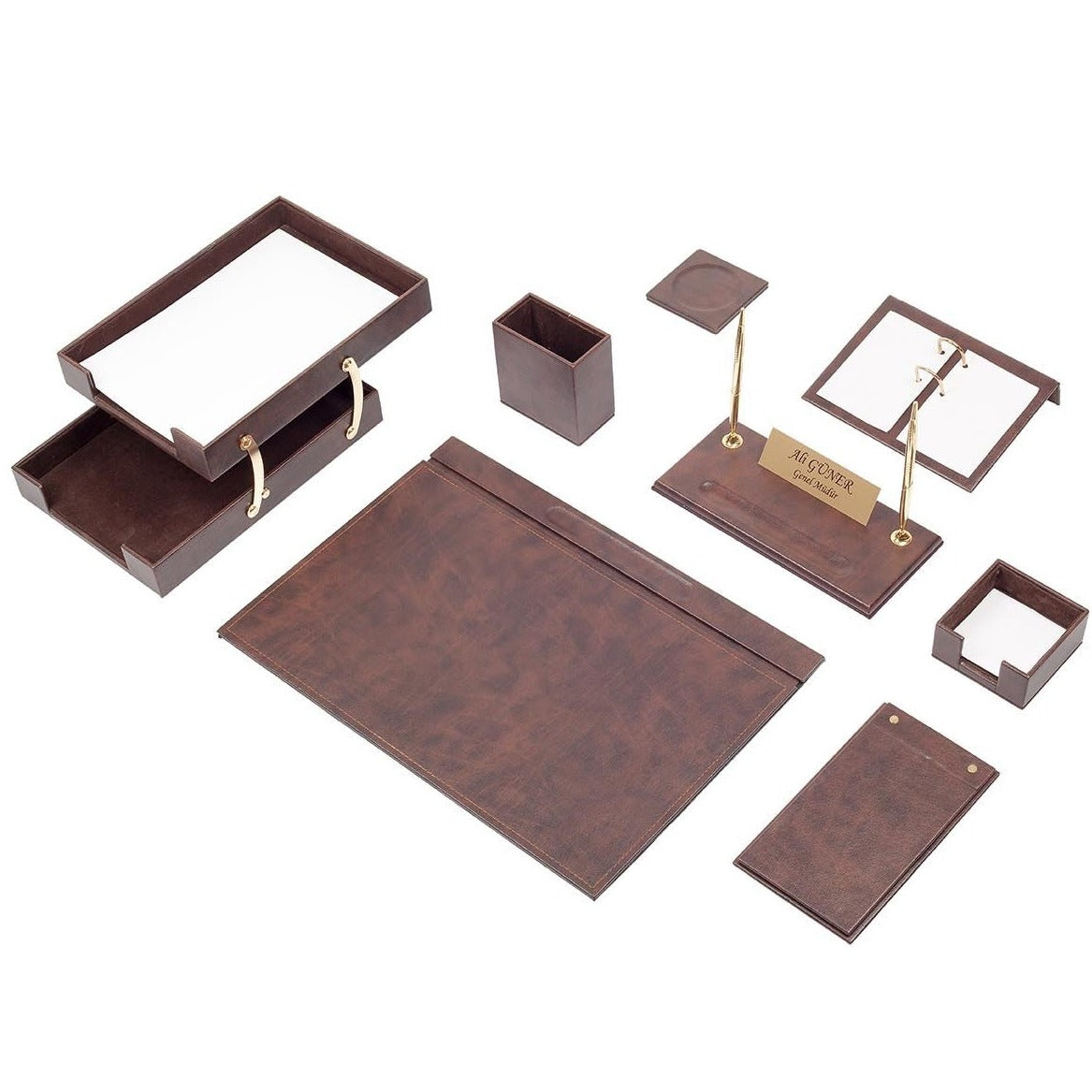 Luna 10-Piece Desk Set with Two-Tier Tray — Brown