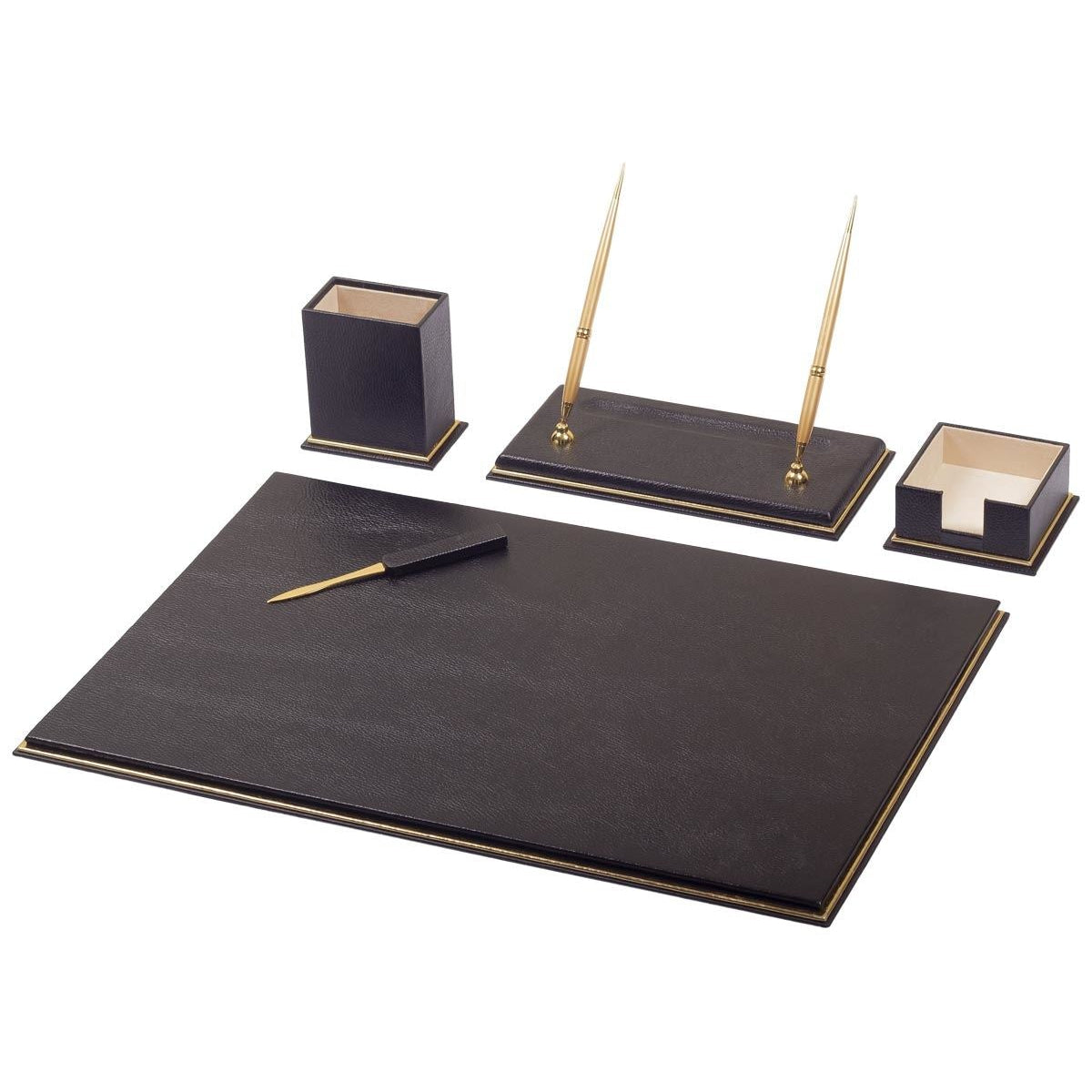 5-piece executive desk set in black with gold-tone trim: desk pad, pen cup, two-pen stand with gold-tone pens, memo holder, letter opener