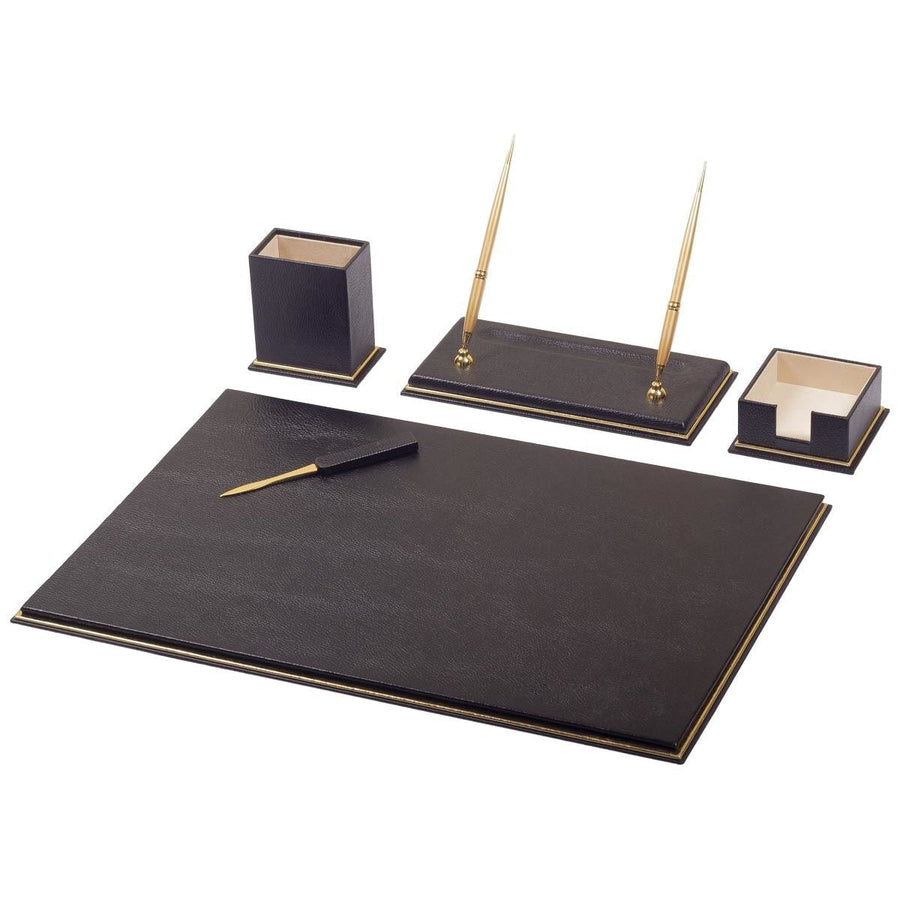 5-piece executive desk set in black with gold-tone trim: desk pad, pen cup, two-pen stand with gold-tone pens, memo holder, letter opener