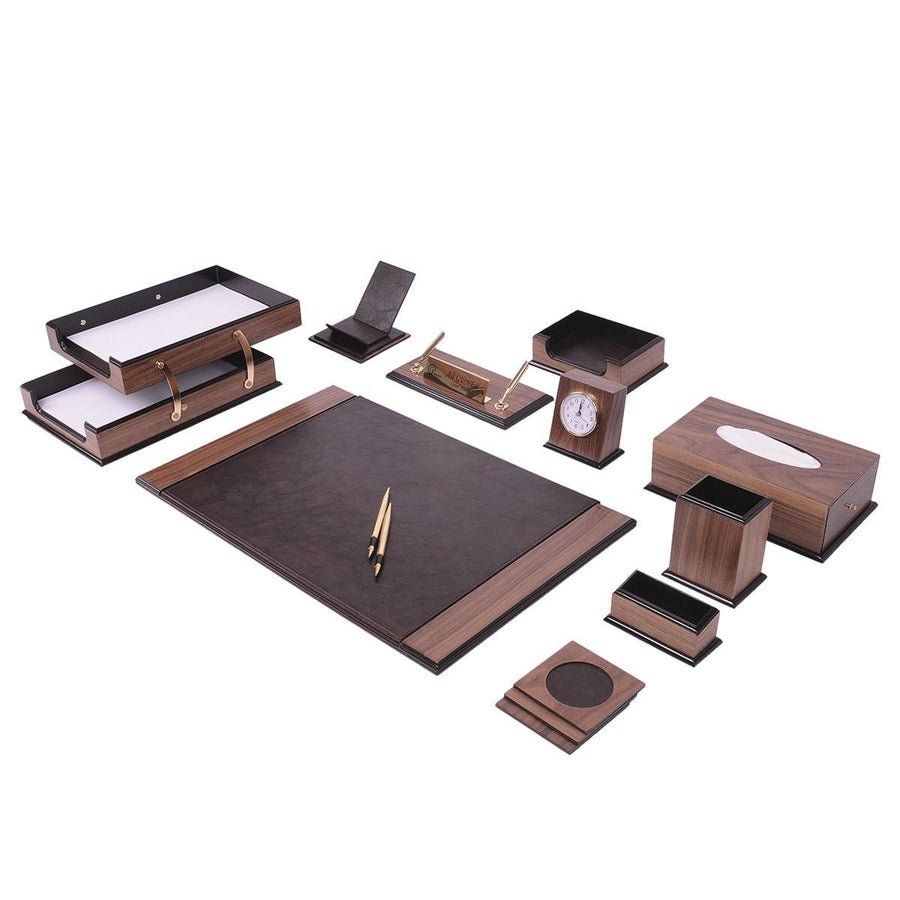 Prestige 14-Piece Desk Set with Clock — Brown