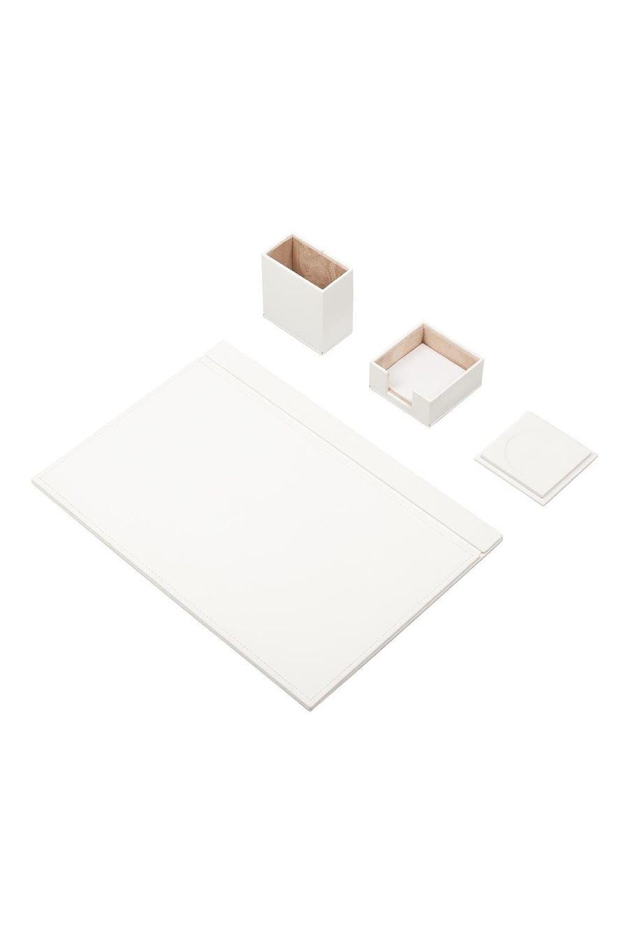Luna 4-piece desk set in white with tonal stitching: desk pad with top rail, pen cup, memo holder with notepaper and stepped coaster