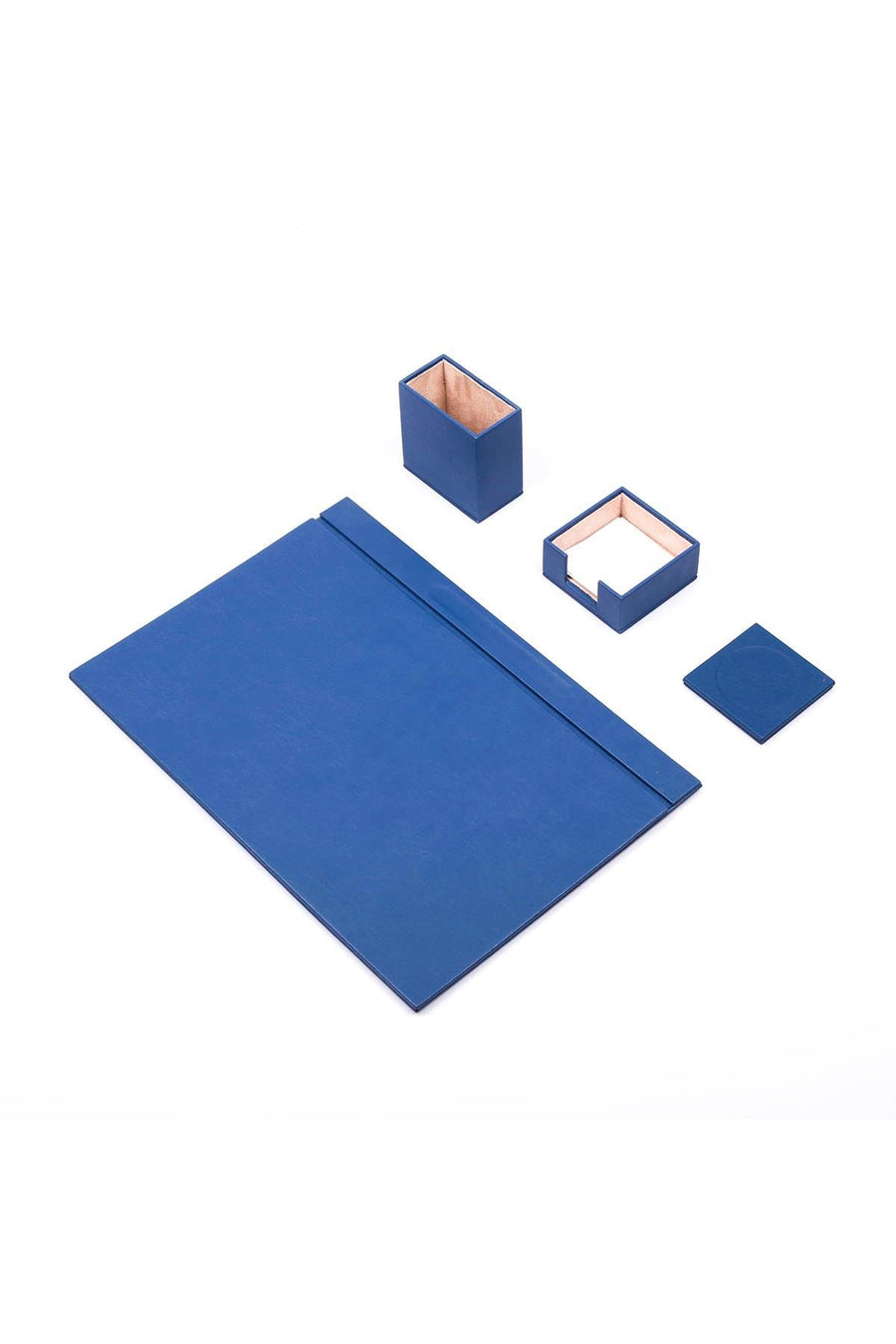 Luna 4-piece desk set in royal blue with a fine grain texture: desk pad with top rail, pen cup, memo holder and coaster