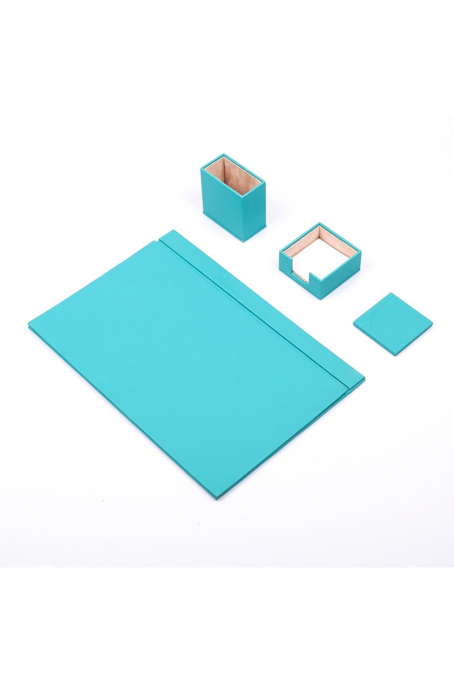 Luna 4-piece desk set in turquoise with a smooth matte finish: desk pad with top rail, pen cup, memo holder and coaster