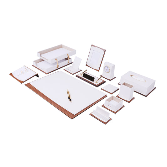 Star Luxury White Leather Desk Set 14 Pieces With Double Document Rack