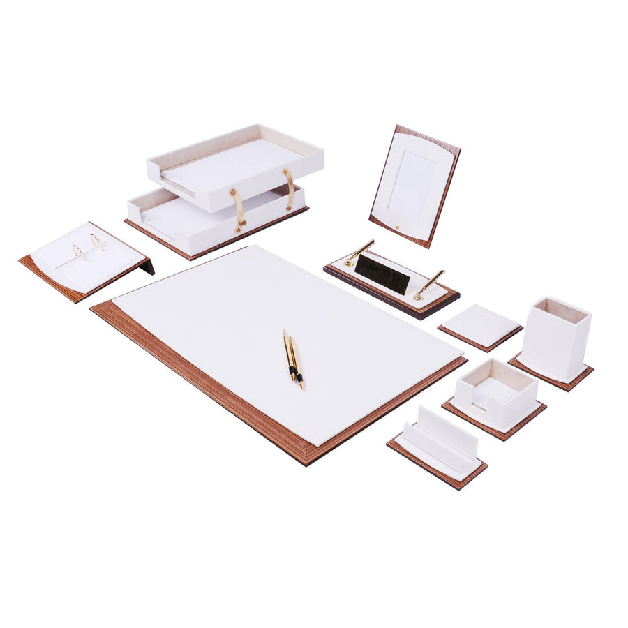 Star 11-piece desk set in white with brown grain-pattern edging and gold-tone accents: desk pad, two-tier tray, frame, nameplate, pen cup