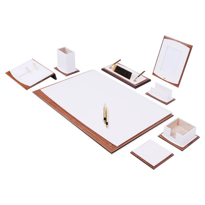 Star Luxury White Leather Desk Set 10 Pieces With Customizable Nameplate