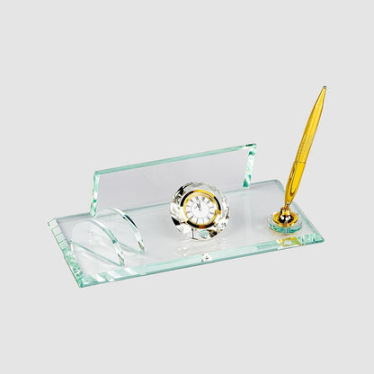 Glass Desk Name Plate With Golden Clock