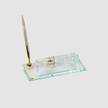 Glass Desk Name Plate With Golden Clock