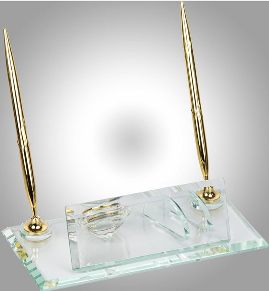 Glass Desk Name Plate With Golden Clock