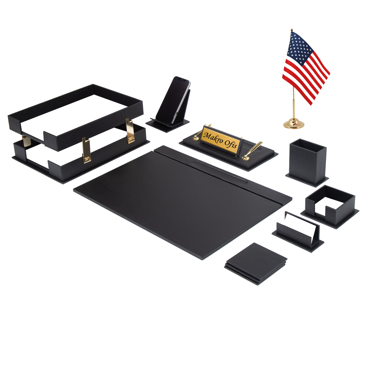 Galaxy 13-Piece Desk Set with Desk Flag — Black
