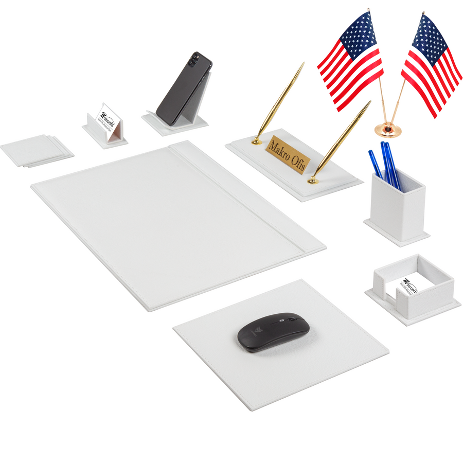 Venus 14-Piece Desk Set with Two Desk Flags — White