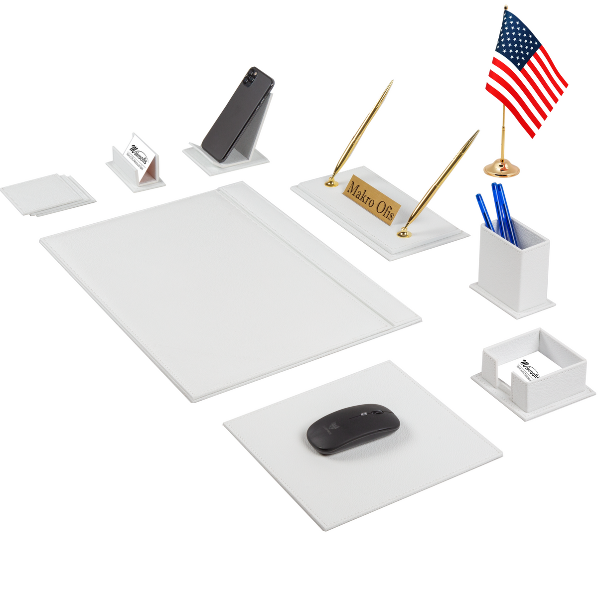 Venus 13-Piece Desk Set with Desk Flag — White