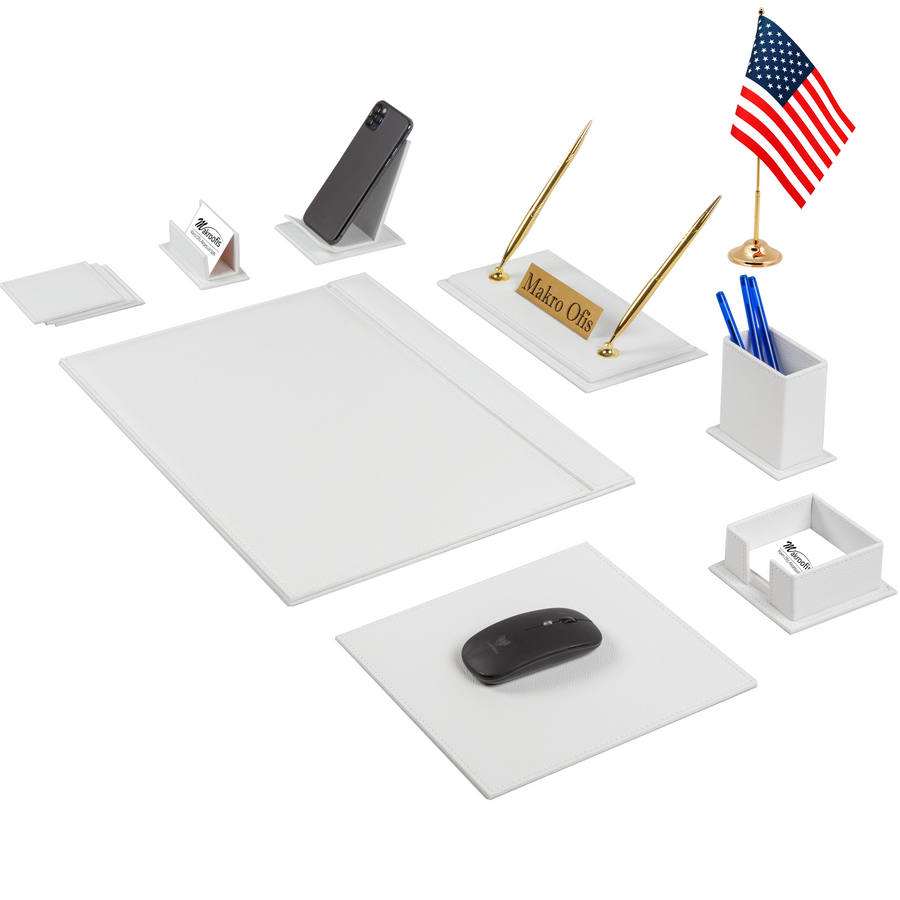 Venus 13-Piece Desk Set with Desk Flag — White