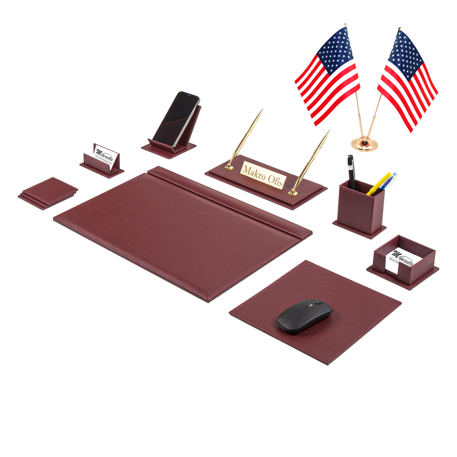 Venus 14-Piece Desk Set with Two Desk Flags — Burgundy